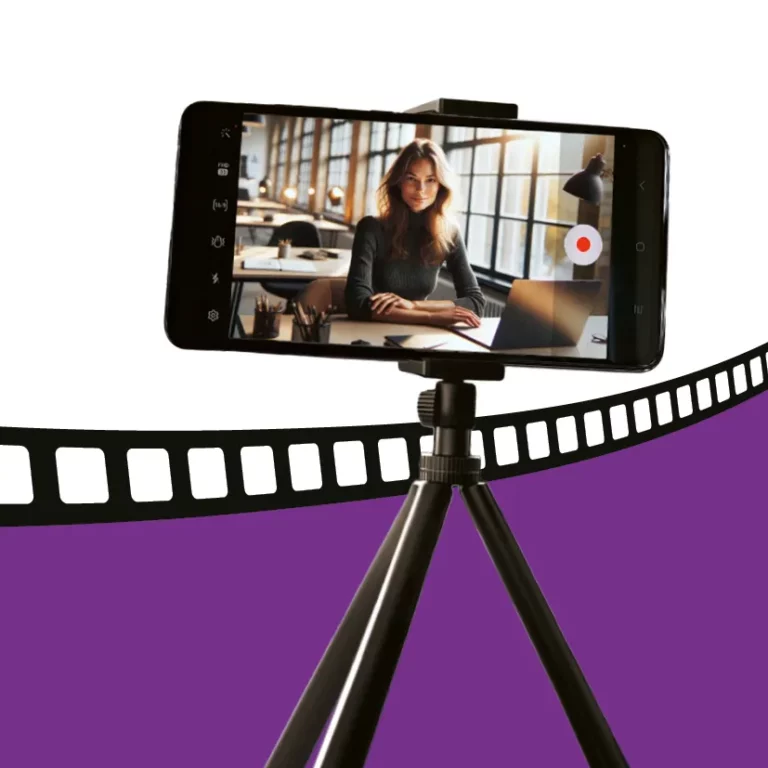 Ein Smartphone auf einem Stativ fiilmt eine Szenerie mit einer Frau an einem Schreibtisch. Im Fokus ist das Handy und der Aufnahmeknopf. Im Hintergrund ist ein Filmstreifen.